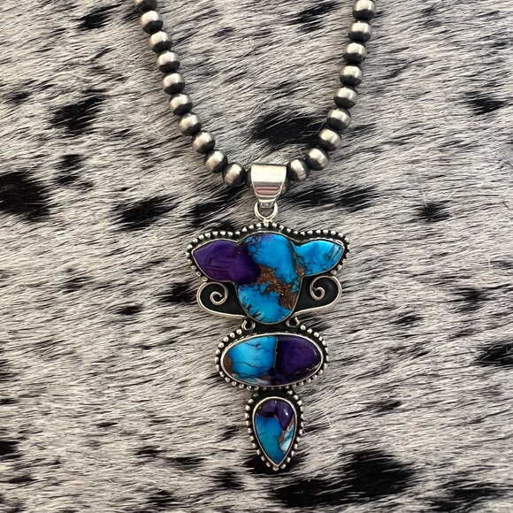 ❤️ Purple Dahlia Kingman Turquoise 3Stone Cow Head Huge Statement Pendant Unisex - Picture 3 of 13